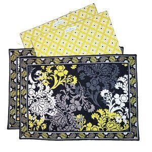 Vera Bradley 4pc Baroque Quilted Placemats EUC Floral Damask Leaf Green Black